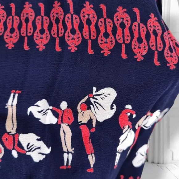 Vintage 50s Full Novelty Print Skirt Size XS Blue Silk Bullfighter Print